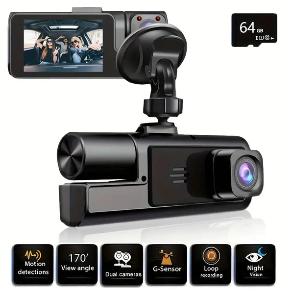 Dash cam with dual cameras, night vision, G-sensor, and motion detection