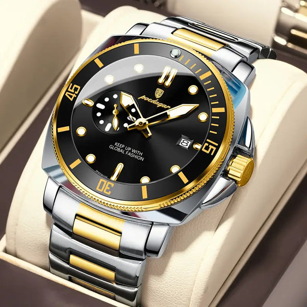 POEDAGAR Men'S Luxury Quartz Watch - Stylish Black Dial with Date Calendar, Waterproof Stainless Steel Band