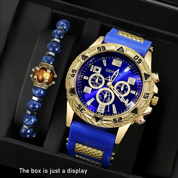Watch Set - Fashion Blue Dial, Silicone Strap