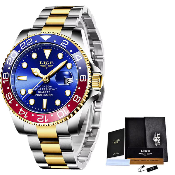 LIGE Fashion Quartz Watch with Dual Dial Plate, Luminous Display, Date Display